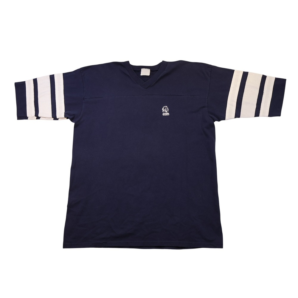 Made In USA Mens XL T-Shirt Navy Blue Vintage Striped V-Neck Carlisle Embroidery